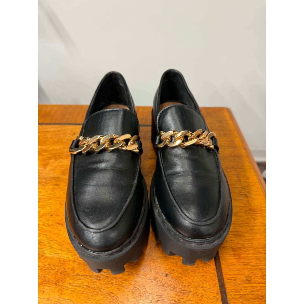 Bamboo Stacing-1S Black Chunky Platform Loafers Gold Chain Link Mens 7 Lug Sole